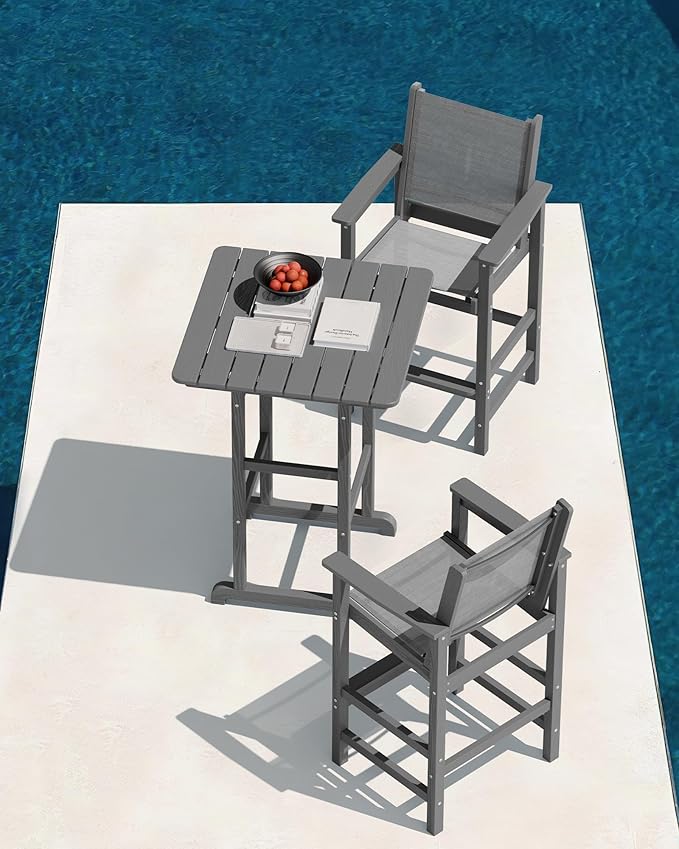 SERWALL 3 Pieces Textilene Adirondack Bar Set, Tall Adirondack Bar Height Chairs with Bar Table, Sling Balcony Adirondack Chairs, Weather Resistance Resin Outdoor Bar Height Stools, Gray