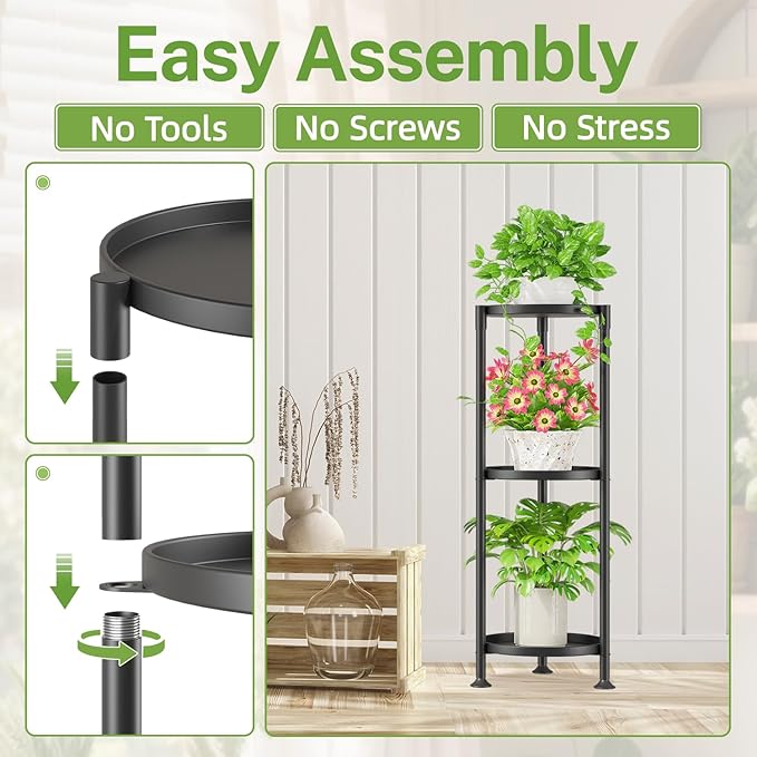 iDavosic.ly 3 Tier Plant Stand Indoor with 10 Inch Wide Tray, Tiered Corner Metal Outdoor Flower Display Holder, Vertical Tall Rack for Patio Porch Living Room, Modern Black