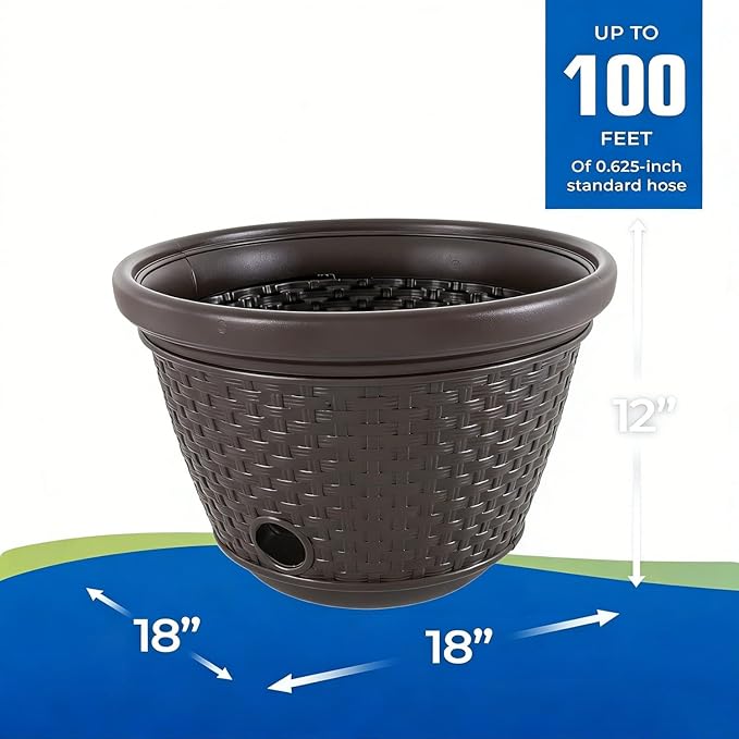 Decorative Wicker Garden Hose Holder Pot - 100 Foot Hose Storage with 4 Drain Holes, Java Brown Resin Outdoor Container, 18 x 12 Inch