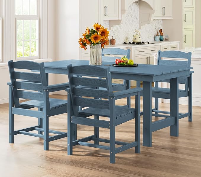 SERWALL Patio Table Set, Outdoor HDPE Dining Furniture with Umbrella Hole, All Weather for Lawn, Garden, Backyard, Poolside, Blue | with Umbrella Hole, All Weather, for Lawn, for Garden, for Backyard, for Poolside