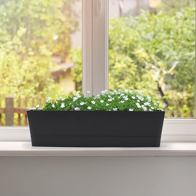 GREANER 16x3.8 Inch Herb Window Boxes 1PCS, Black Planter with Removable Trays and Drainage Holes, Succulent Flower Rectangular Plastic Pot for Balcony, Office, Windowsill, Garden, Indoor Outdoor Use
