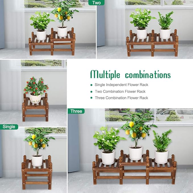 Wood Flower Stand Small Plant Stand Indoor Outdoor Plant Shelf Low Window Shelf for Plants Windowsill Plant Rack for Patio Balcony Hallway Garden (33.5”Long,Multiple Combination Way)