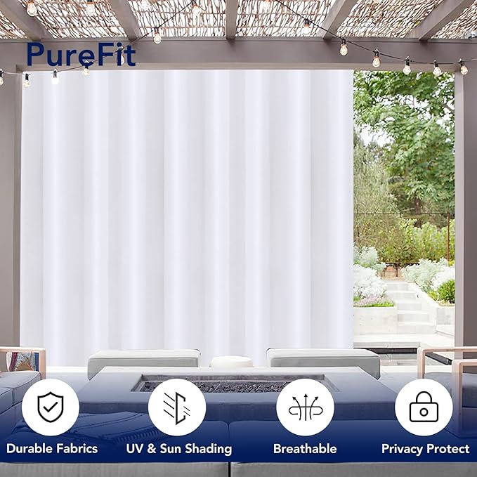 PureFit Outdoor Curtains for Patio Waterproof Weatherproof, UV Resistant Outside Curtains for Gazebo, Front Porch, Pergola, Sun Blocking Privacy Curtain, 120W x 108L inch, 1 Panel, White