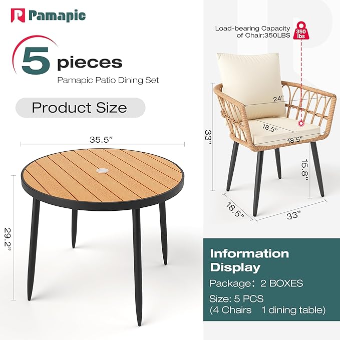 Pamapic 5-Piece Outdoor Dining Set, All-Weather PE Rattan Outdoor Furniture Set with Wood Table Top, Patio Dining Set with Cushion Chairs & Round Table for Garden, Lawn, Patio (Yellow & White)