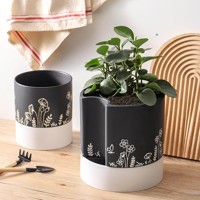Nihow Self Watering Plant Pot: 8 Inch Ceramic Planter with Drainage Hole & Water Storage Plus for Indoor & Outdoor Plants - Cylinder Round Flower Pot for Succulent/Herbs/Violets - Black
