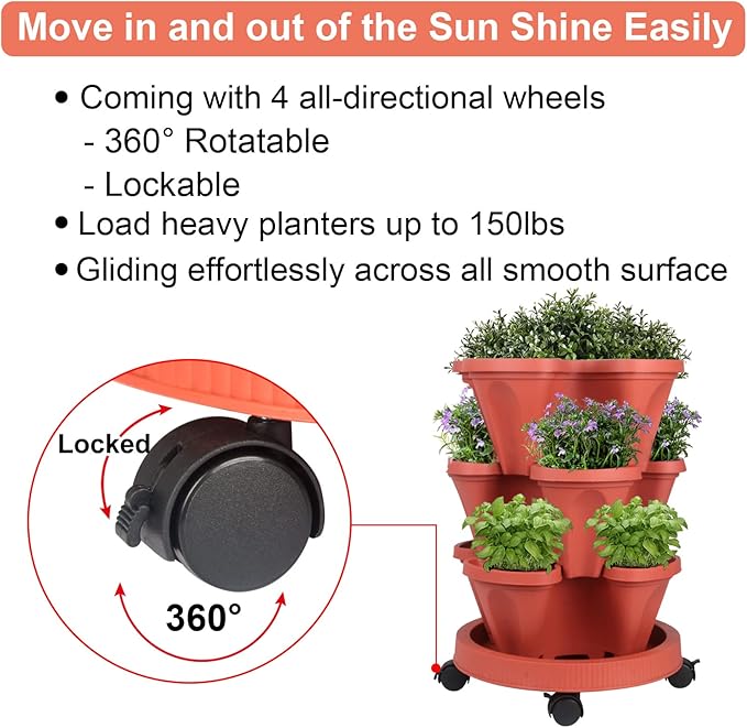 GameXcel Vertical Planter 3 Tier Stackable Planters Garden Planters Strawberry Herb Flower and Vegetable Planter Indoor Outdoor Gardening Pots with Removable Wheels and Tools 2-Pack