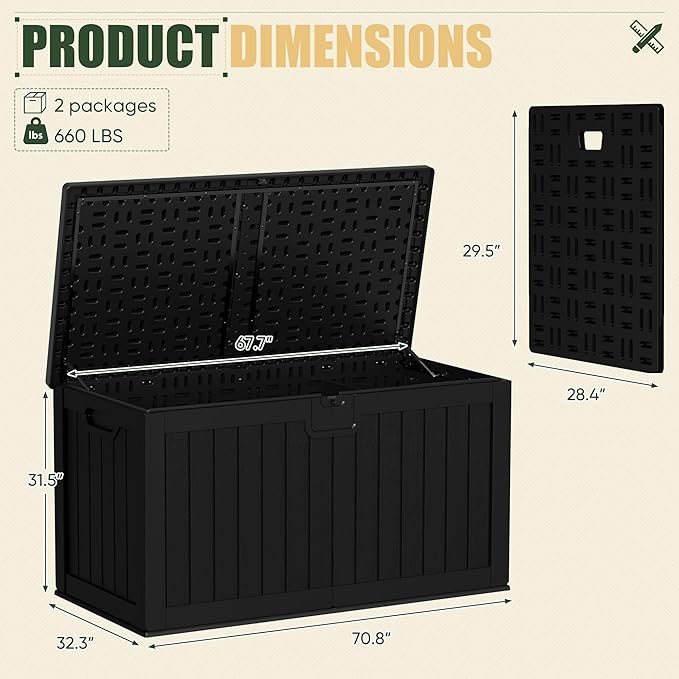 JUMMICO 270 Gallon Outdoor Storage Deck Box with Divider, Double Wall Storage Box with Lockable Lid for Garden Tools, Pools Supplies (Black)
