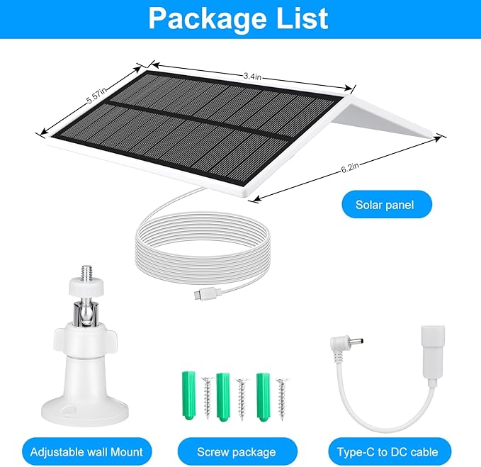 Solar Panel for Ring Camera Spotlight Cam Plus/Pro(Battery) & Stick Up Cam/Pro Battery,4W 5V 10ft Long Cable with USB-C to Barrel Plug Adapter (White,Camera is not Included)