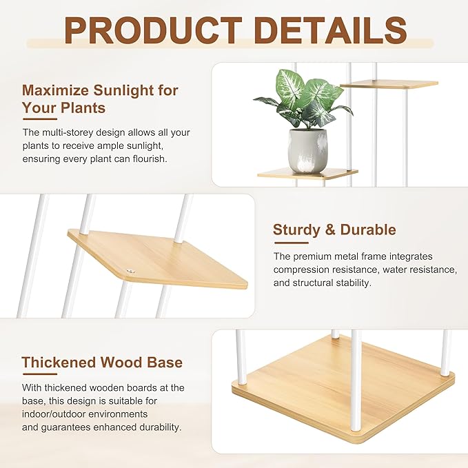 6 Tier Plant Stand Indoor Outdoor, Wood Metal Corner Shelf, Multiple Flower Pot Rack Holder Shelves, Planter Shelf Display Storage Organizer White