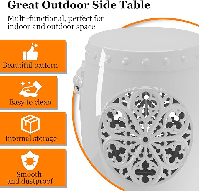 EFU Resin Garden Stool Indoor Outdoor,Decorative Antique Classic-Like Appearance, Waterproof UV Resistant Lightweight Sturdy,for Living Room, Garden Room, Patio(White)