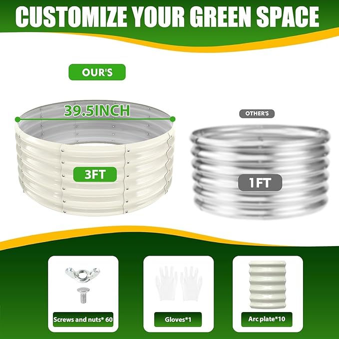 17" Tall Elevated Round Metal Rised Garden Bed- 3.3'x3.3' in Size and 0.8MM Thick Durable Planter Box for Vegetables Flowers Succulent at Patio/Garden Outdoor (White, 3.3FT Diameter)