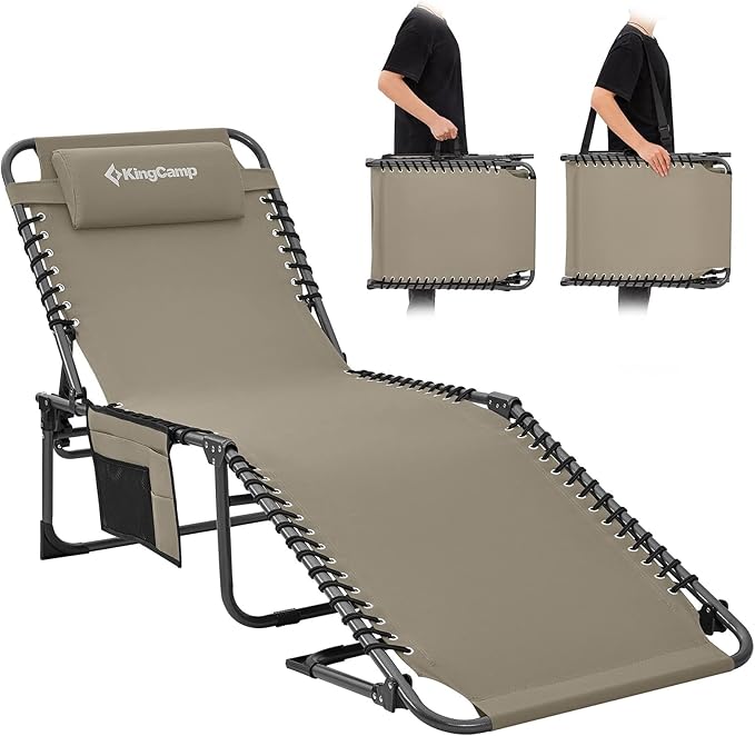 KingCamp Lounge Chair Outdoor, Folding Portable Tanning Chairs Comfy Adjustable 5-Position Lay Flat Foldable Chaise Chaser Lounger with Pillow for Outside Beach Patio Sun Bathing Pool, Beige