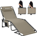 KingCamp Lounge Chair Outdoor, Folding Portable Tanning Chairs Comfy Adjustable 5-Position Lay Flat Foldable Chaise Chaser Lounger with Pillow for Outside Beach Patio Sun Bathing Pool, Beige