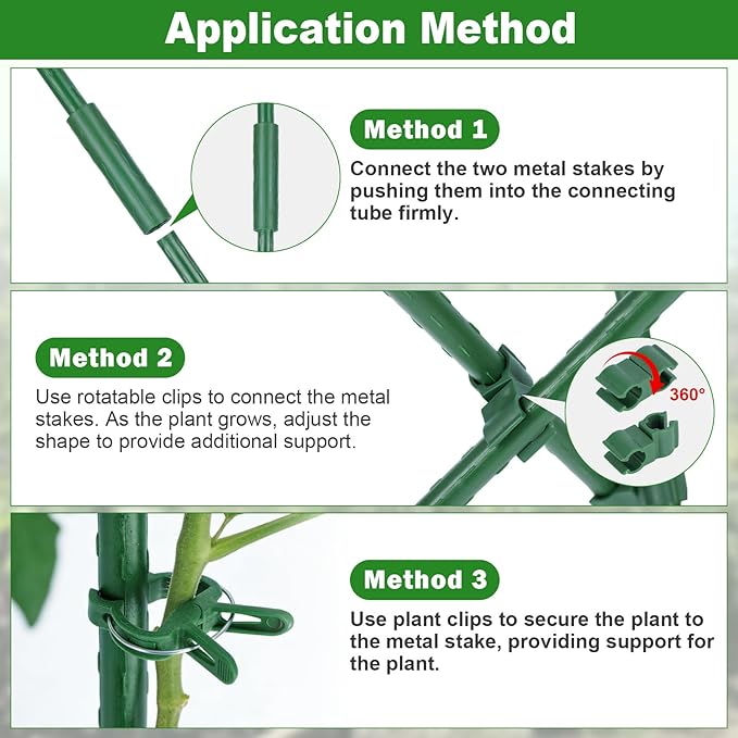 Garden Stakes 70 Pack, 16 Inch Plastic Coated Metal Tomato Stakes, DIY 4ft 5ft 6ft 7ft Plant Support Stakes with 40 Connectors 30 Rotatable Clips 30 Plant Clips for Indoor Outdoor Vegetables