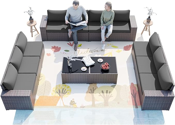 ALAULM 12 Pieces Outdoor Patio Furniture Set Sectional Sofa Sets Brown PE Rattan Patio Conversation Set w/10 Grey Seat Cushions and 2 Coffee Tables