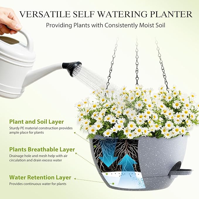 10 Inch Hanging Baskets 2 PC with Chains, Self-Watering Hanging Planters for Indoor Outdoor Plants, Plastic Hanging Flower Pots,Speckled Grey