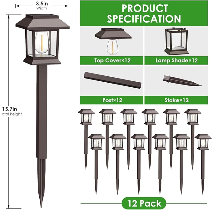 Solar Outdoor Lights, 12 Pack Solar Pathway Lights Waterproof, Landscape Lighting for Path Walkway Lawn Garden Yard Outside Décor, Brown