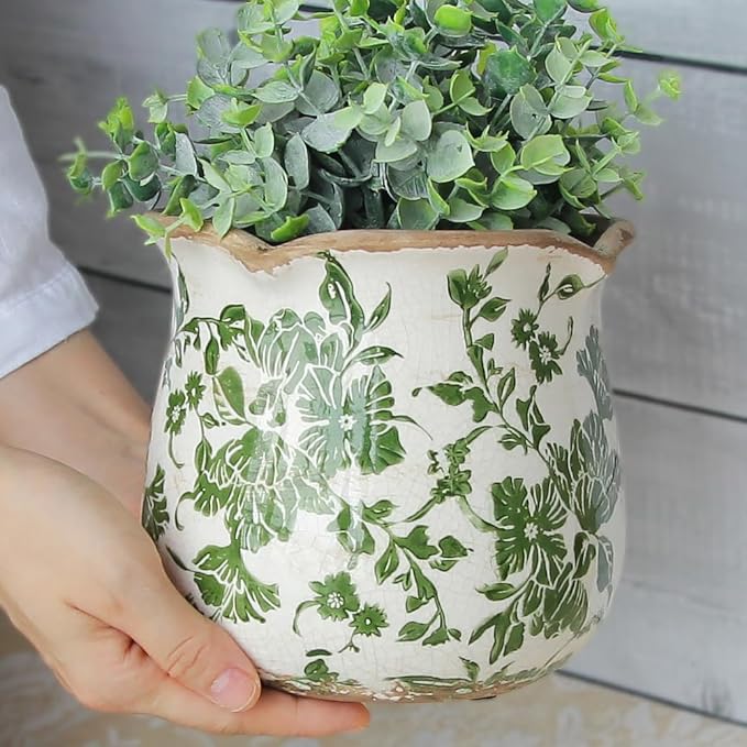Tuscan Ceramic Plant Pots, 6.11 Inch Vintage Planters with Drainage Hole for Indoor Plants, Farmhouse Green Scroll Vase & Flower Pots, Home Kitchen Garden Decor, Plant Lover Gifts