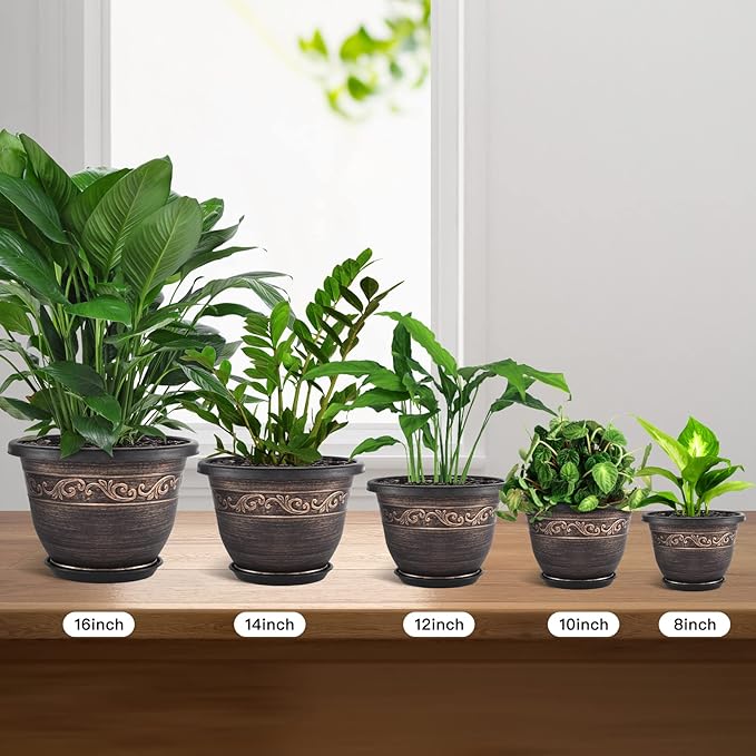 Plastic-Plant-Flower-Planters-16 Inch With Drainage Hole & Saucer, 3 Packs Lightweight Small Resin Flower Pot Indoor Outdoor, Retro Antique Imitation Decorative Garden Containers Sets For Houseplants