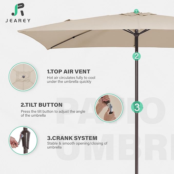 JEAREY 6.5x10 ft Rectangular Patio Umbrellas Rectangle Outdoor Umbrella with Push Button Tilt and Crank, Market Table Umbrella 6 Sturdy Ribs UV Protection for Poolside Garden Backyard Deck, Beige