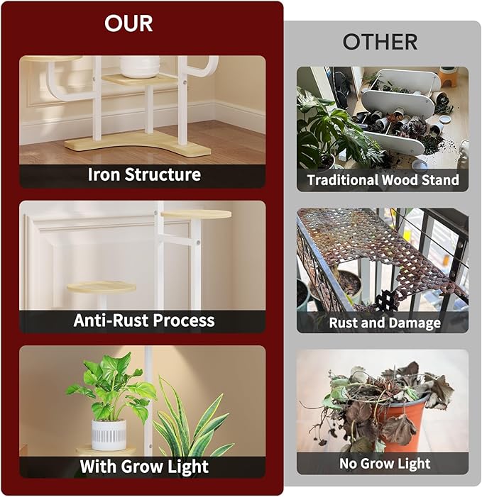 Corner Plant Stand with Grow Light - 6 Tier Plant Stand Indoor Round Metal Plant Shelf with Adjustable Light, Plant Organizer for Living Room, Graden, Home Decor (Maple)