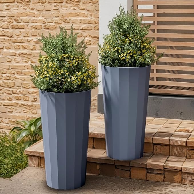 23.6" H Tall Planters for Outdoor Plants, 2 Pack Large Outdoor Planters for Porch Decor with Automatic Drainage Hole, Plastic Stripe Design Flower Pots Fits Indoor Plants Patio Garden, Black