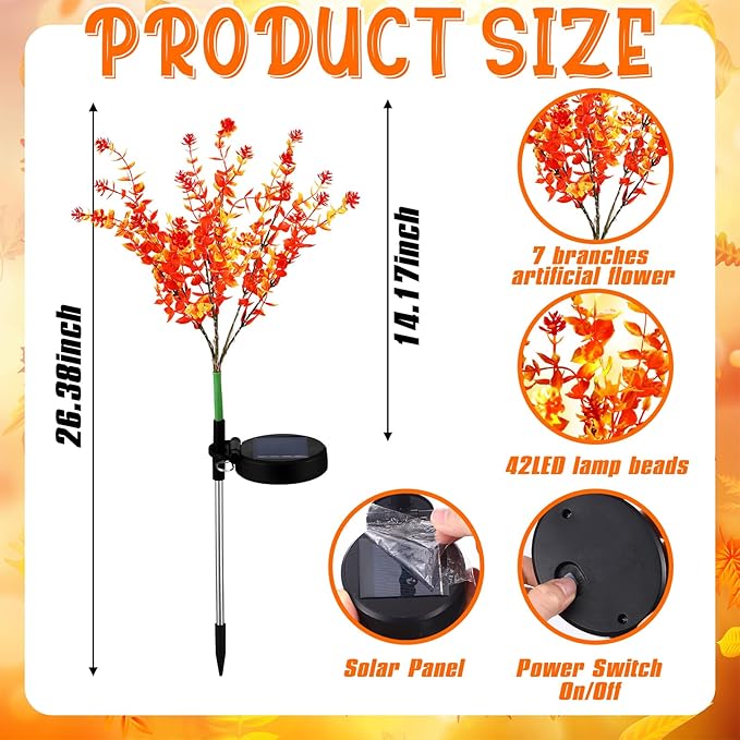 2 Pack Solar Stake Lights Outdoor Decor Waterproof Mums Artificial Flowers Solar Lights for Outdoor Garden Yard Pathway Decor (Orange,Camellia)