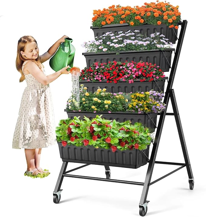 SEJOV 4FT Vertical Raised Garden Bed, 5-Tier Vertical Garden Planter with Drainage System, Larger Elevated Planter Box for Herb Vegetables Flowers Indoor Outdoor Planters (Black with Lockable Wheels)