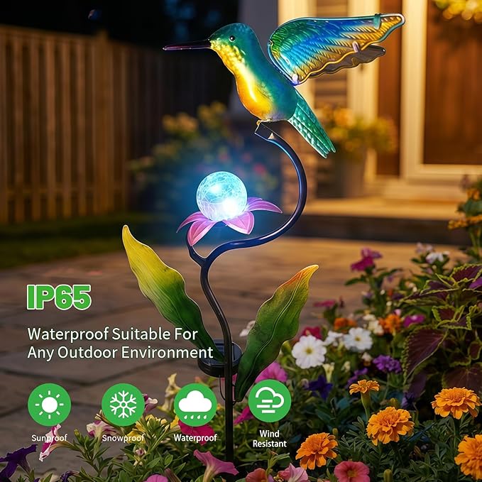 HONGLAND 46 Inch Solar Hummingbird Lights, Solar Garden Decor with Cracked Glass Ball, Hummingbird Decorative Garden Stakes Outdoor Waterproof for Lawn Patio Yard Porch, Gifts for Mom