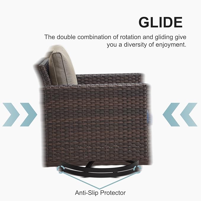Belord 5 Pieces Wicker Patio Furniture Set: 4 Outdoor Swivel Glider Rocker Patio Conversation Set with 50000BTU Propane Fire Pit Table, All Weather Grey Rattan Anti-Rust Frame, Brown Cushion