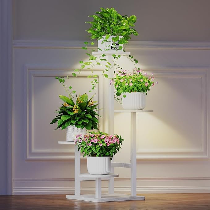 Plant Stand Indoor with Grow Light, 4-Tiered Tall Plant Stand Indoor, Metal Plant Shelf with Adjustable Light, Ideal for Living Room, Garden, Patio white