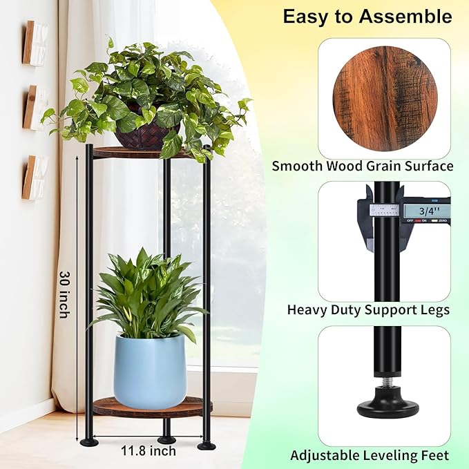 2-Pack Plant Stand Indoor Outdoor, 30'' Tall Plant Stands for Indoor Plants, Heavy Duty Indoor Plant Shelf, 2 Tier Flower Stand for Living Room, Balcony, Deck(Brown)