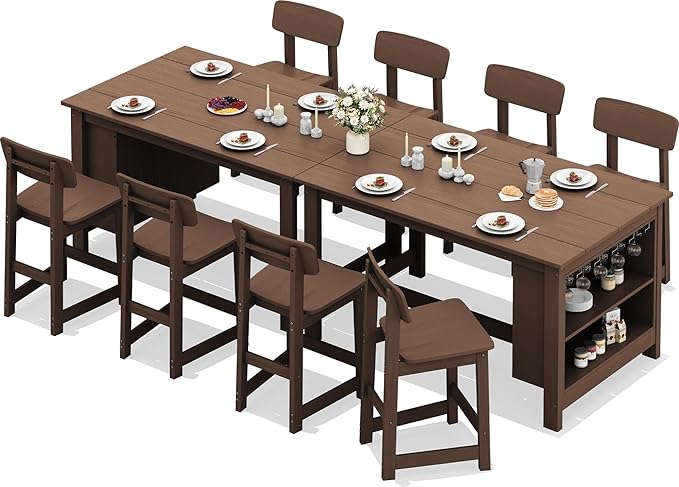 SERWALL 10-Piece HDPE Counter Height Dining Table Sets with Storage and Wine Rack, 2 Rectangular Bar Table with Bar Stools Set of 8 for Garden, Backyard, Kitchen, Brown