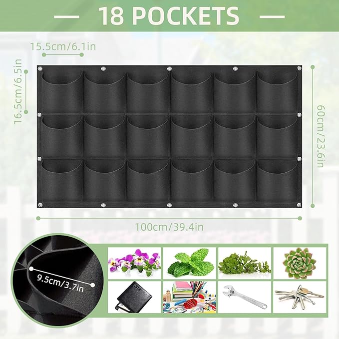 LITLANDSTAR 18 Pockets Hanging Grow Bags, 2 Pack Horizontal Wall Planter Plant Grow Bags Outdoor Indoor Hanging Planter for Balcony/Railing/Fence/Yard/Garden/Home Decoration, Black