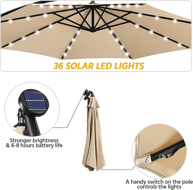 Yaheetech 10FT Solar Offset Umbrella with 32 LED Lights Cantilever Hanging Outdoor Umbrellas Handy Crank & Cross Base for Lawn/Deck/Backyard/Pool Tan