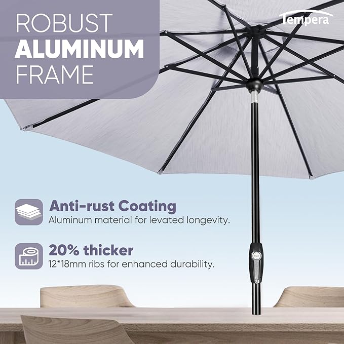 Tempera Patio Market Outdoor Table Umbrella with Auto Tilt and Crank, Large Sun Umbrella with Sturdy Pole & Fade Resistant Canopy, Easy to Set