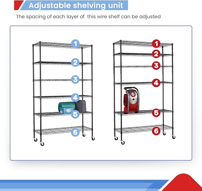 BestOffice | 6-Tier Wire Storage Shelves with Wheels | 18x48x82 | Black | Adjustable Racks | Heavy-Duty Metal Shelf, Holds Upto 510 lbs | No-Tool Assembly | Ideal for Home & Garage Shelving