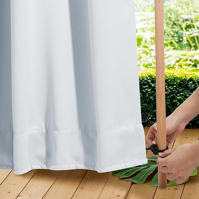 NICETOWN 2 Panels Windproof Outdoor Curtains for Patio Waterproof, Extra Wide Grommet & Back Tab on Top & Bottom Thermal Insulated Sun Blocking Drapes with Rope for Deck, Greyish White, W100 x L95