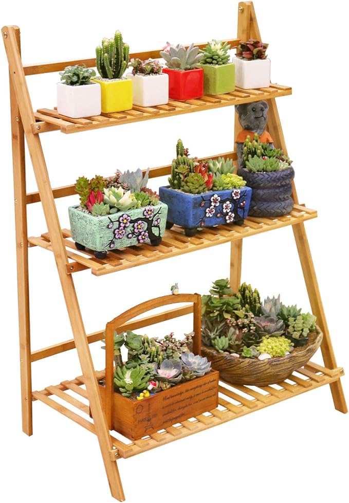 Ufine Bamboo Ladder Plant Stand 3 Tier Foldable Flower Pot Display Shelf Rack for Indoor Outdoor Home Patio Lawn Garden Balcony Organizer Planter Holder