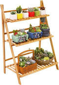 Ufine Bamboo Ladder Plant Stand 3 Tier Foldable Flower Pot Display Shelf Rack for Indoor Outdoor Home Patio Lawn Garden Balcony Organizer Planter Holder