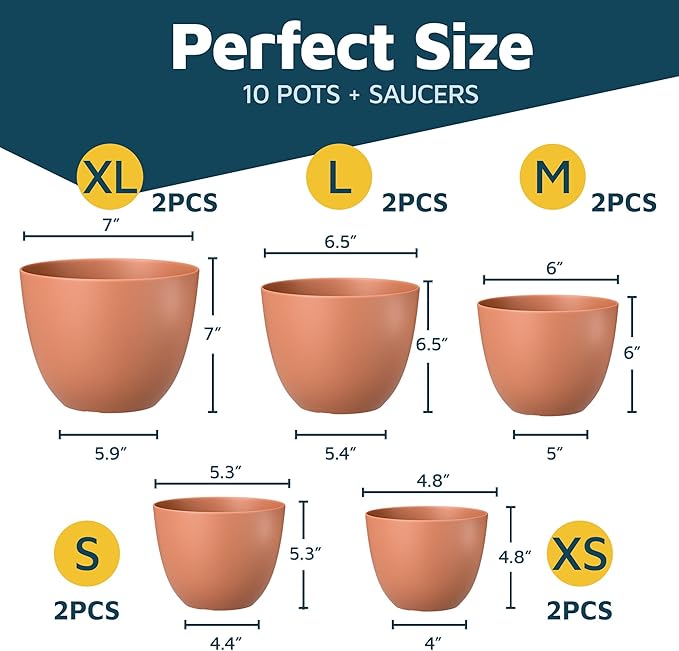 Terracotta Plant Pots with Drainage Holes & Saucers 10 Pack, Indoor & Outdoor Stackable Space-Saving Planters for Houseplants & Flowers, (7", 6.7", 6", 5.3", and 4.8" Inches), Durable & Weatherproof