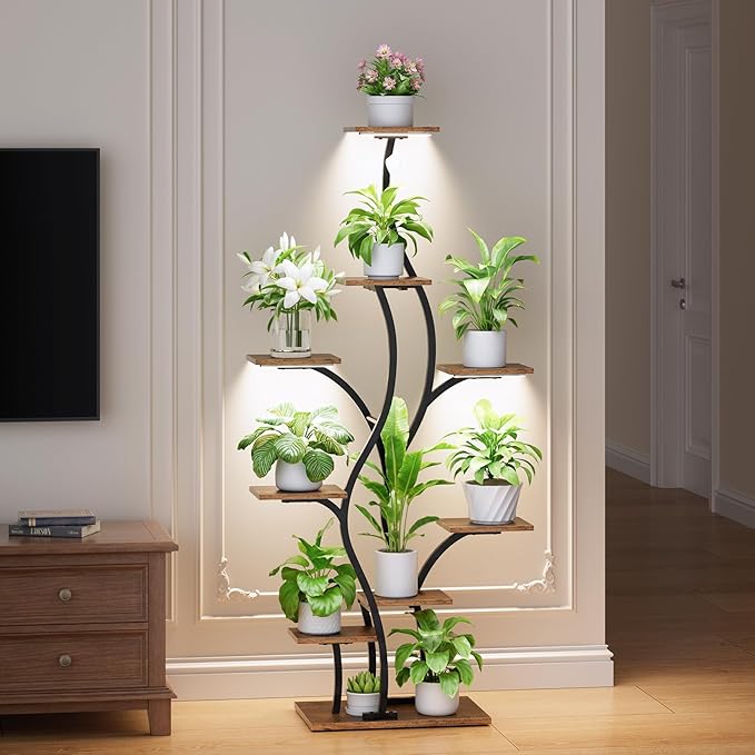 Plant Stand Indoor with Grow Lights - Lighted Plant Shelf Indoor, 64.5" Tall Corner Plant Stands for Indoor Plants, 9 Tiered Tree-Shaped Flower Shelf Metal Holder for Living Room, Bedroom, Black