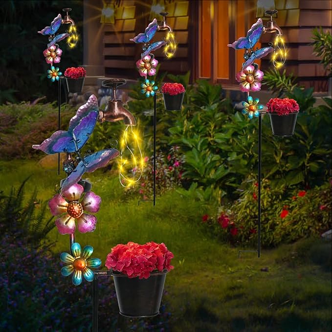 Afirst Solar Outdoor Lights Decorative - Solar Decorative Butterfly Lights Faucet Shaped Twinkling Light Garden Stake Decorations for Pathway Lawn Patio Courtyard Backyard