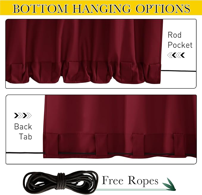 NICETOWN Canvas Outdoor Curtains for Paito 2 Panels, Red, W52 x L84 per Panel - Waterproof & Windproof Sun Shades with Grommet & Back Tab & Rod Pocket, Free Rope Included for Bottom Fixing