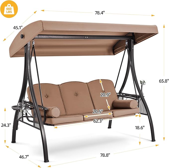 HOMREST 3 Seat Outdoor Porch Swing with 1.5" Deepened Cup Holder, Adjustable Canopy, Patio Swing Bed with Stand, Patio Glider Swing with Thicken Cushions, Pillow for Yard, Garden(Brown)