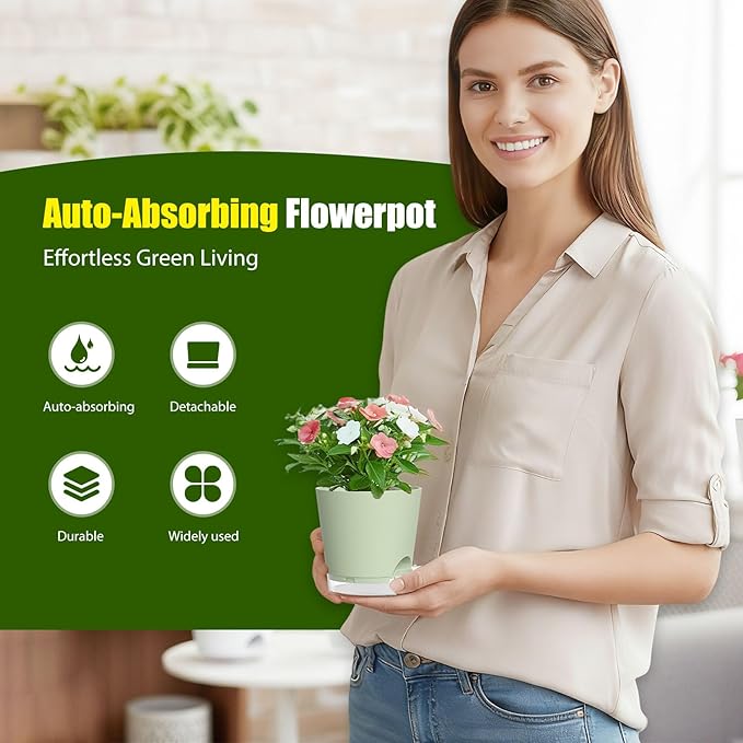 Plant Pots 5 Inch Self Watering Pots,6 Pack Plastic Planters with Drainage Holes and Clear Saucers,Plastic Flower Pots,Nursery Planting Pot for Indoor Out Door Plants (Green)