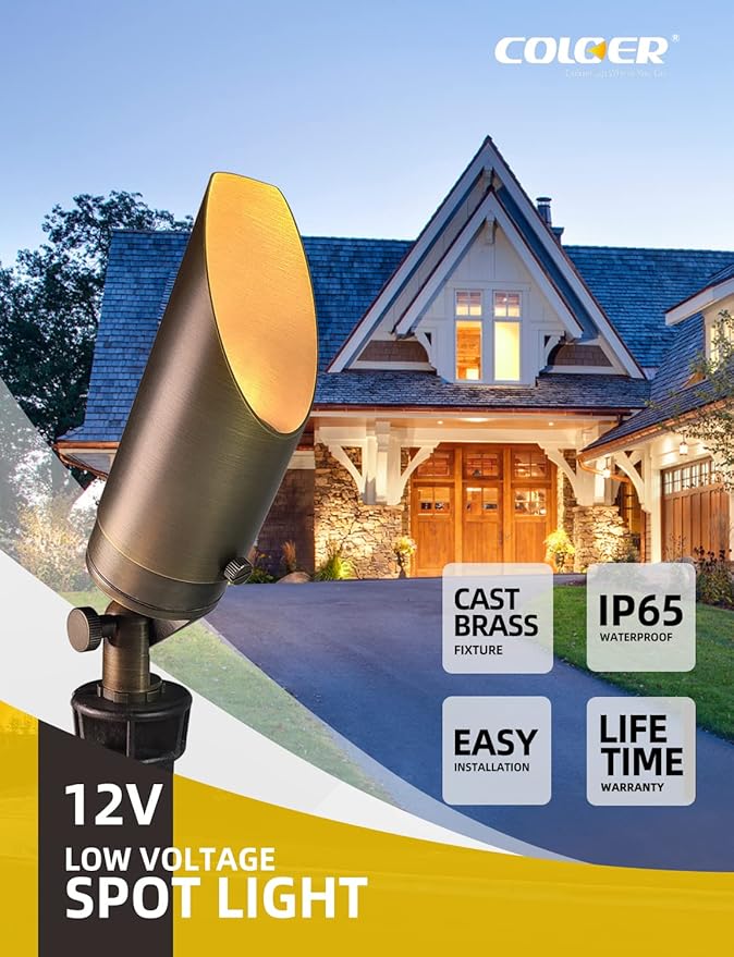 COLOER Die-cast Brass Landscape Spot Lights Outdoor with 5W Aluminum Housing LED MR16 Bulb 2700K 450LM, 12V AC/DC Low Voltage LED Landscape Lighting, Outdoor Directional Up Light(103B, 1-Pack)
