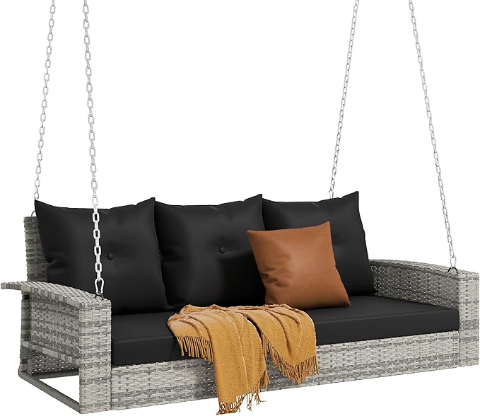 DWVO 3-Seats Wicker Hanging Porch Swing Chair Outdoor Gray Rattan Patio Swing Lounge 3 Back Cushions Capacity for Garden, Balcony, Gray Rattan Black Cushion