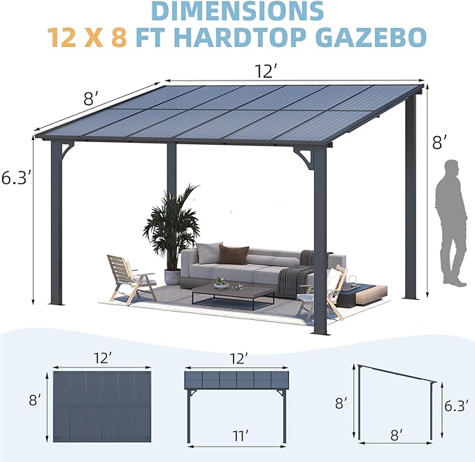 AECOJOY 12' x 8' Gazebo Outdoor Pergola for Patio, 8'x12' Hard Top Lean to Pergolas and Gazebos Clearance with Patio Roof Shelter, Large Wall-Mounted Heavy Duty Awnings for Decks, Backyard