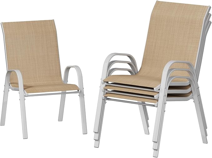 UDPATIO Patio Chairs Set of 4, Stackable Silver Outdoor Dining Chairs with High Back, Breathable Outdoor Chair Textilene Fabric All Weather, 350LBS Capacity for Garden, Backyard (Beige)